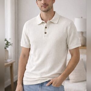 H&M Cream Polo Shirt Size L Men’s Textured Knit Short Sleeve Button Casual New